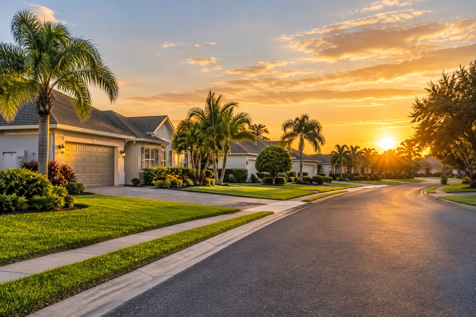 An Orlando area Florida neighborhood street at golden hour, illustrative