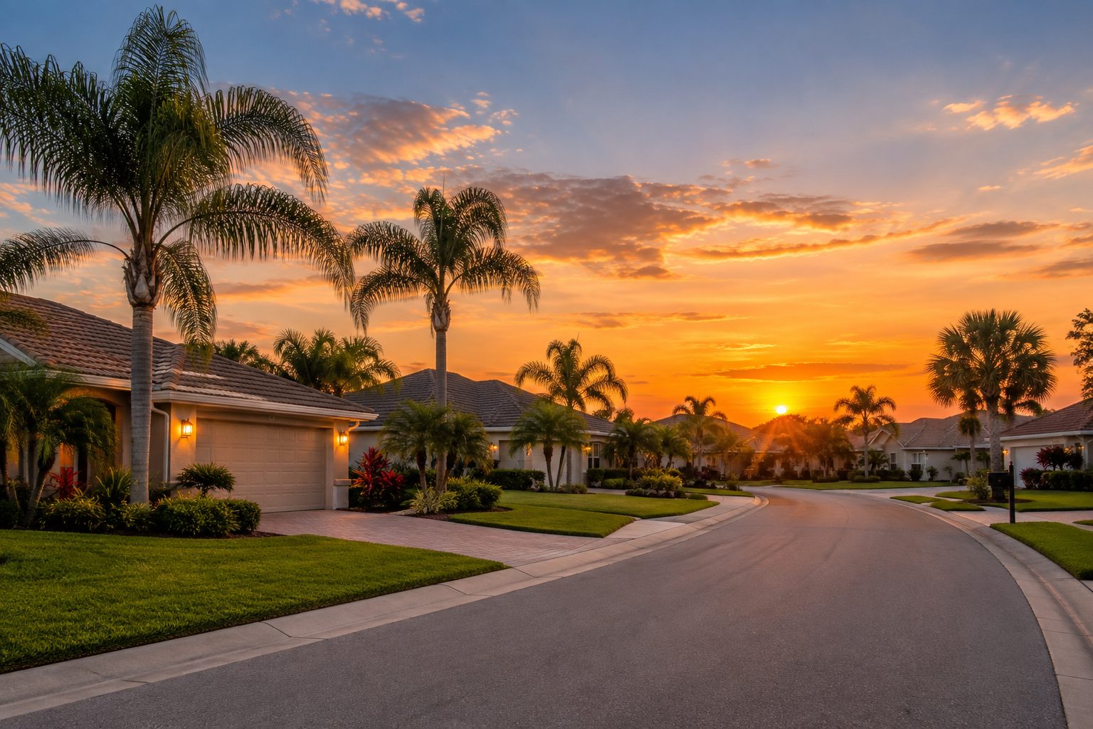 A Central Florida street at sunset, illustrative