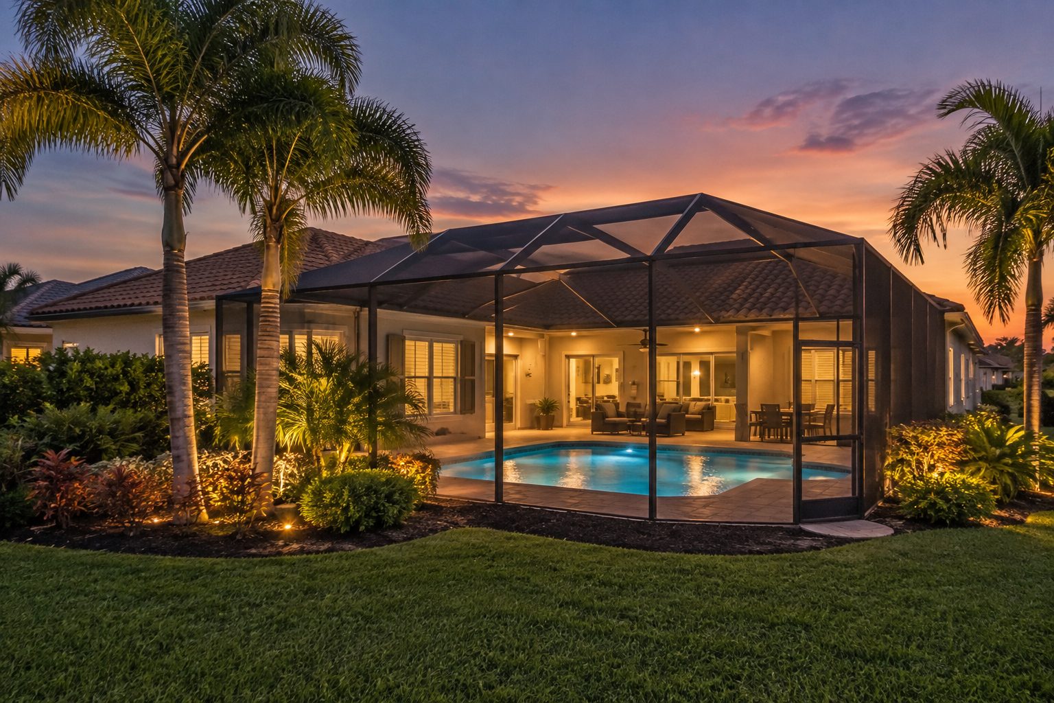 An Orlando Florida home exterior at dusk, illustrative