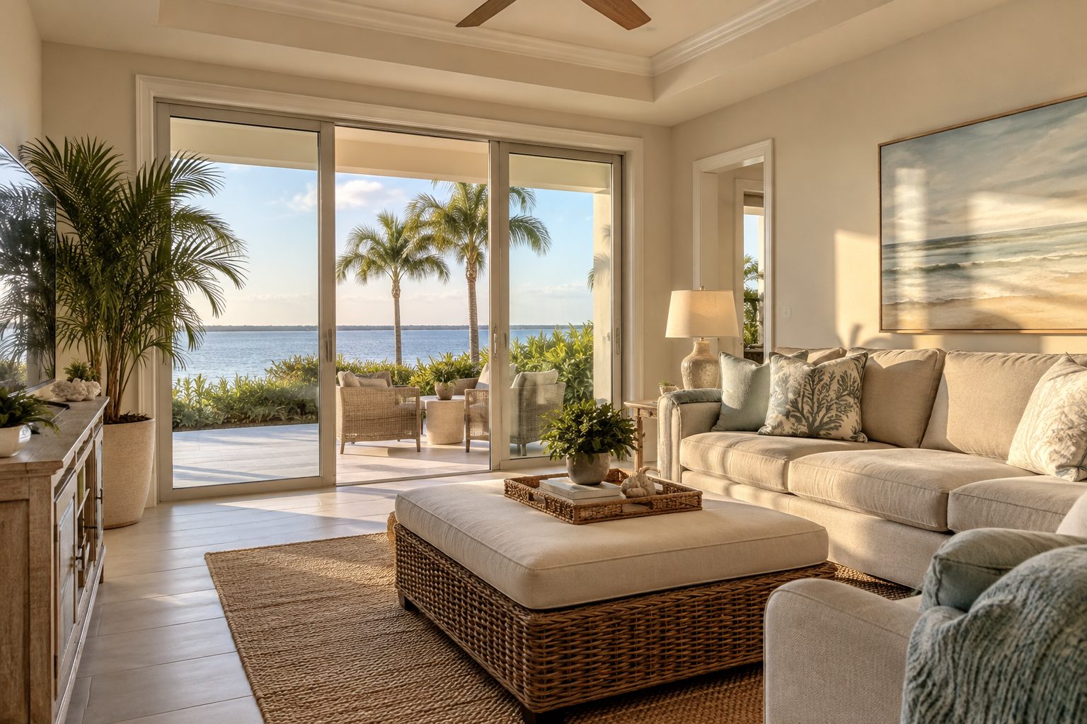 A cozy Florida living room, illustrative